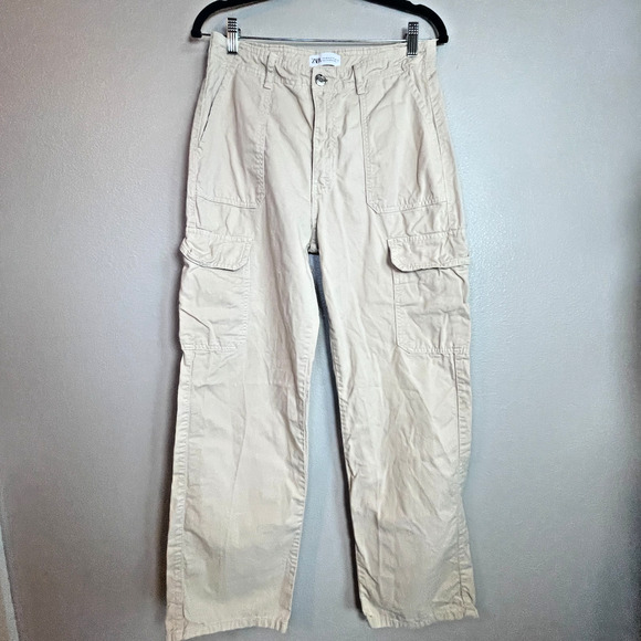 Zara Pants Womens Size 8 Beige Flat Front Straight Leg Cargo Pockets Y2K 90s - Picture 1 of 8